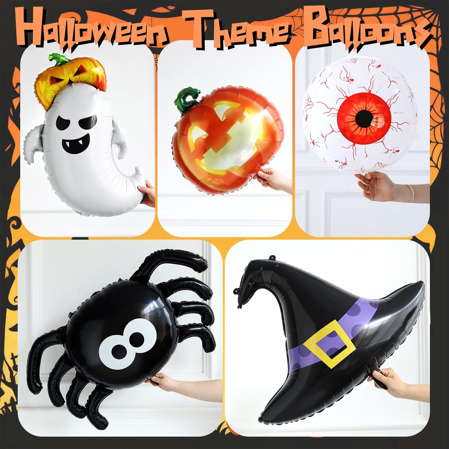 Halloween Balloon Arch Kit,137Pcs Orange Black Green Purple Balloon Garland with 3D Bat Stickers,Pumpkin,Witch Hat,Spider,Ghost,Eyeball Foil Balloons for Halloween Spooky Birthday Party Decorations