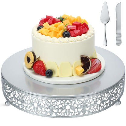 Wenqik 12 Inch Silver Cake Stand Set Metal Round Cupcake Dessert Stand with Cake Cutting, Spatula Wedding Cupcake Pastry Display Candy Holder Display for Wedding Party Birthday Baby Shower(Classic)