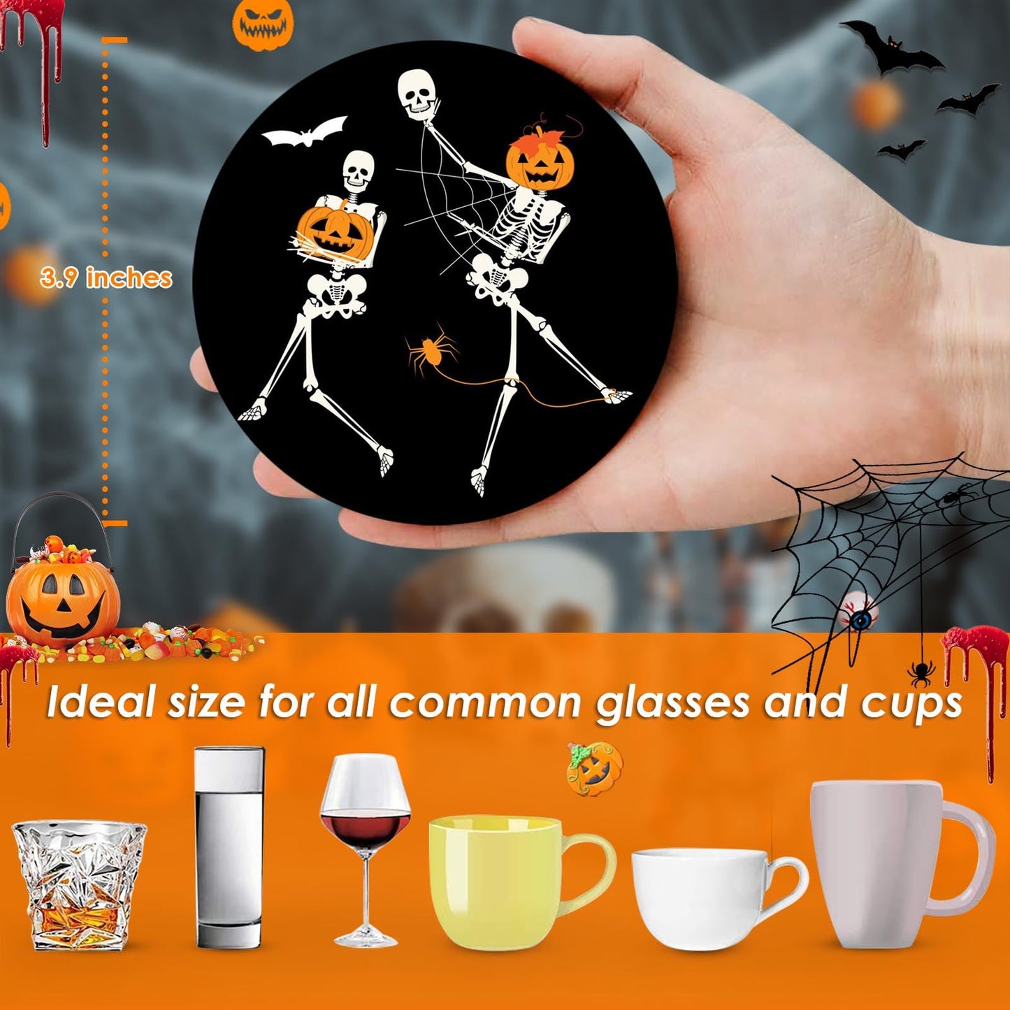 Bribay Coaster for Drinks Set of 6, Funny Happy Halloween Skeleton Pumpkin Bat Absorbent Round Ceramic Stone Mat, with Cork Base and Metal Holder, Gift for Housewarming Room Bar Decor