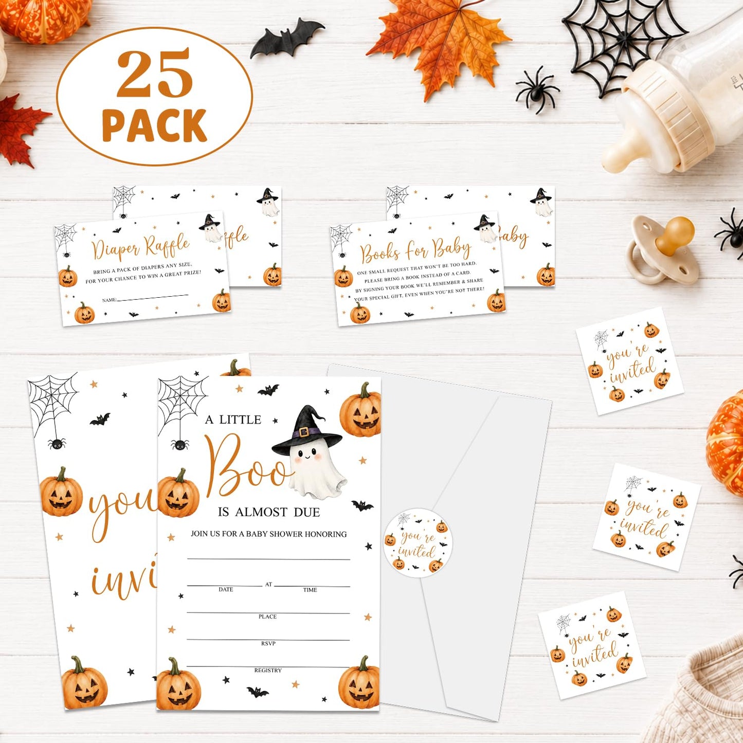 Halloween Baby Shower Invitations, A Little Boo Is Almost Due Ghost Pumpkin Baby Shower Invites, 25 Invitation with Envelopes, Book Request Cards, Diaper Raffle Tickets and Round Stickers -W03