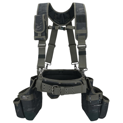 MELOTOUGH Camo Tool Belt with Suspenders Camouflage Tool Pouch Organizer Supenders Framers Combo Apron Tool Belt Construction Tool Bag Suspenders Heavy Duty Carpenter Suspension Rig (Green Camo)