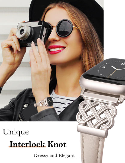 TOYOUTHS Compatible with Apple Watch Bands Women 38/40/41/42mm Dressy Slim Leather Strap with Designer Celtic Knot Interlock Buckle Bracelet for iWatch Series 11 10 9 8 7 6 5 4 SE 3 2 1, Starlight