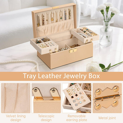 AKOZLIN Travel Jewelry Box Organizer Functional 2-trays Leather Jewelry Storage Case with Lockable Portable for Women Girls Ring Necklace Earring Bracelet Champagne