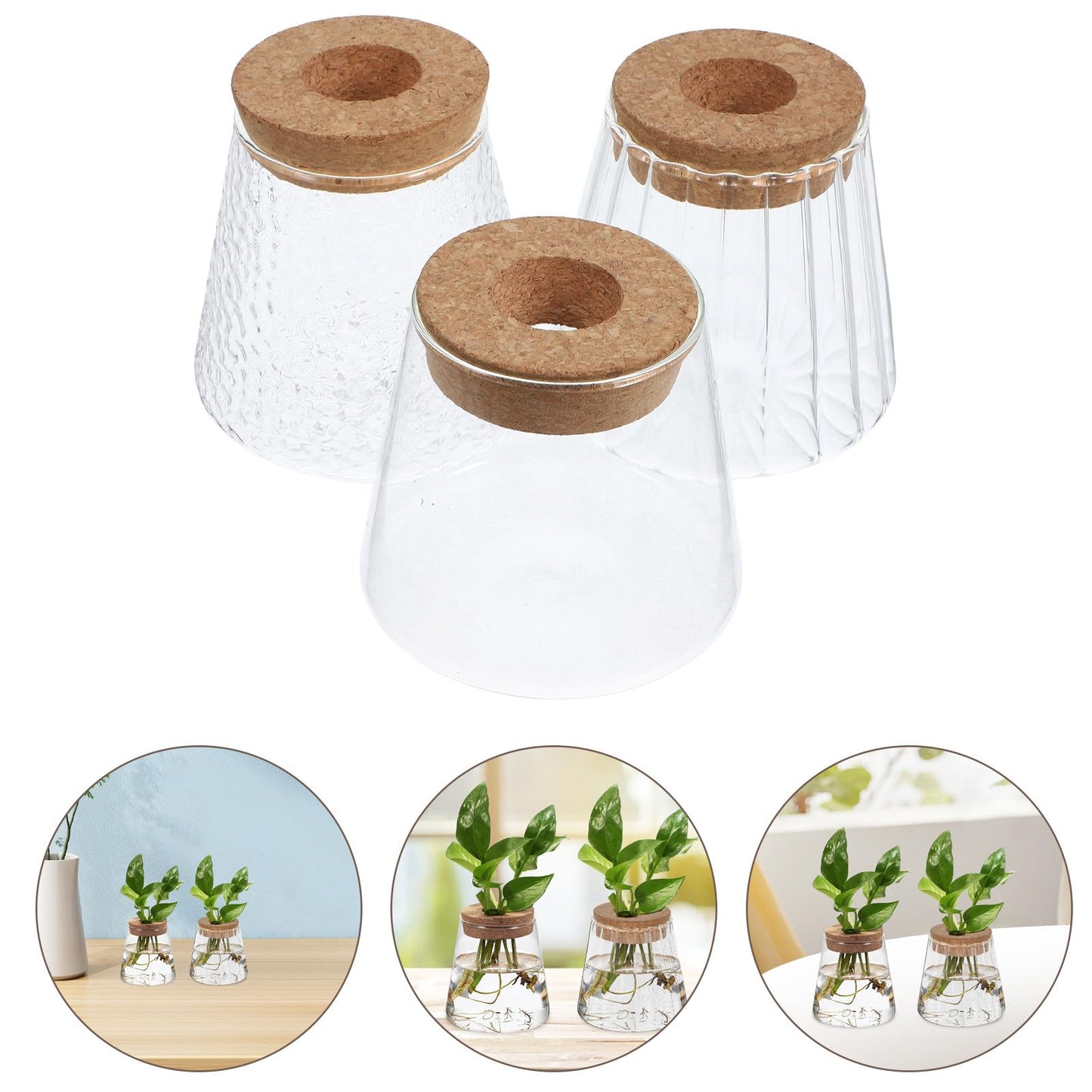 Toyvian 3pcs Hydroponic Plant Vases with Smooth, Hammered, and Vertical Textured Volcanic Glass and Wooden Stoppers for Indoor Propagation, Desktop Terrarium, and Office Plant Accessories