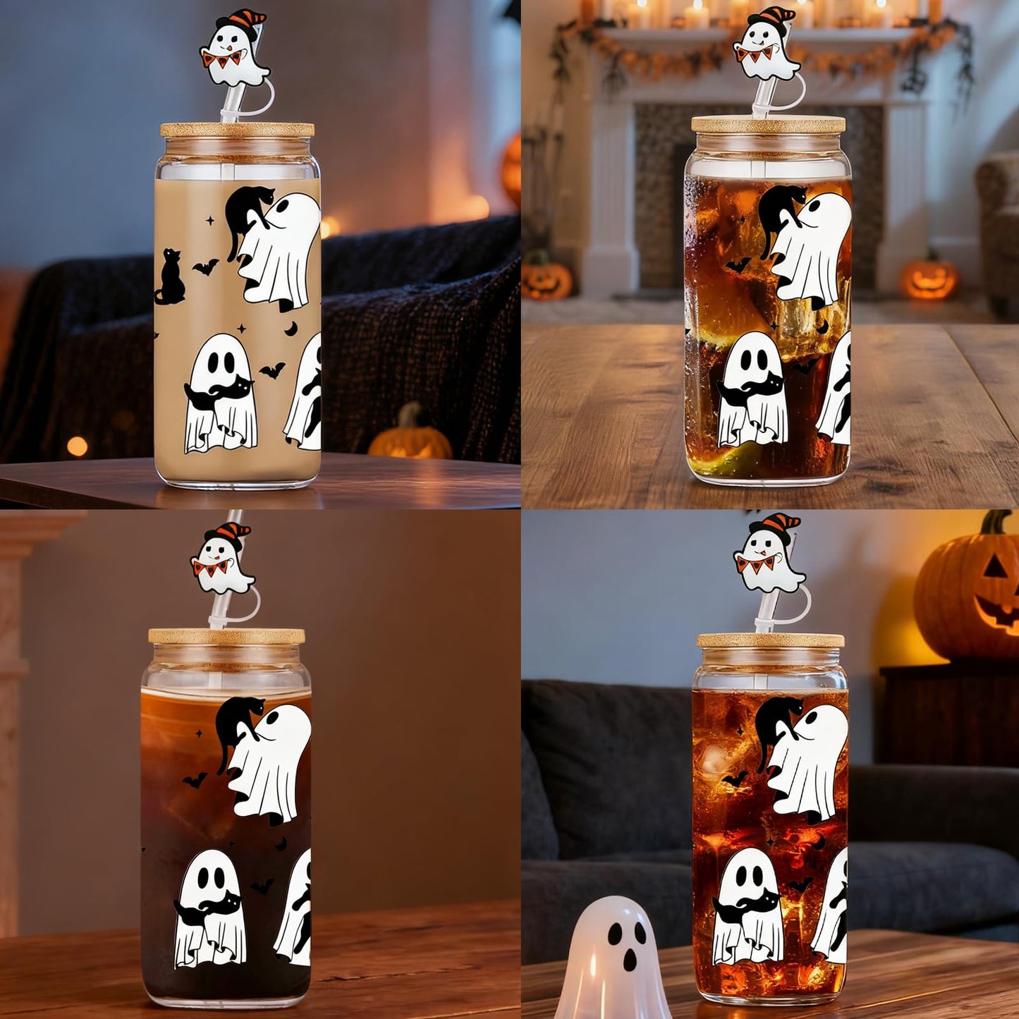 Halloween Glass Cups– 18oz Halloween Cups with Lid & Straw & Straw Covers, Ghost Tumbler Boo Basket Ghost Mug Iced Coffee Cup Decor Indoor