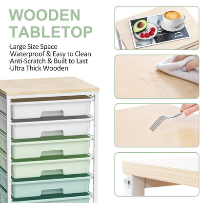 Rolling Storage Utility Cart Organizers with 8 Drawers and Wooden Tabletop for Living Room,Office,Classroom,Craft Room,Bedroom,Dorm,Green
