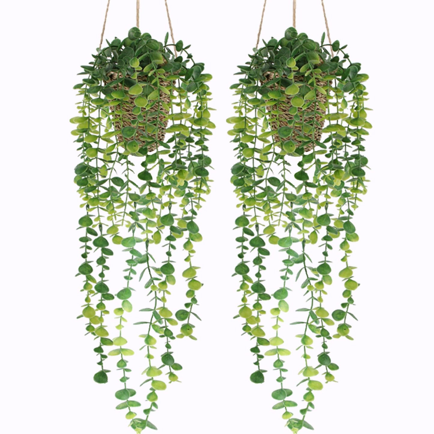 Nisoger Fake Hanging Plant with Woven Basket, 2 Pack Artificial Hanging Plants, Faux Vines Eucalyptus Leaf Hanging Pot Plant for Wall Home Room Indoor Outdoor Bedroom Bathroom Office Decor