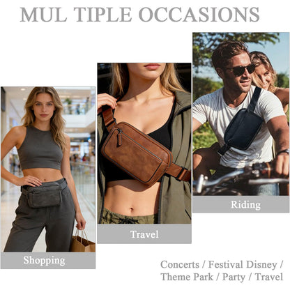 Fanny Packs for Women, Leather Vegan Belt Bag Crossbody Waist Bag Adjustable Strap, Large Fashion Everywhere Belt Bag, Black