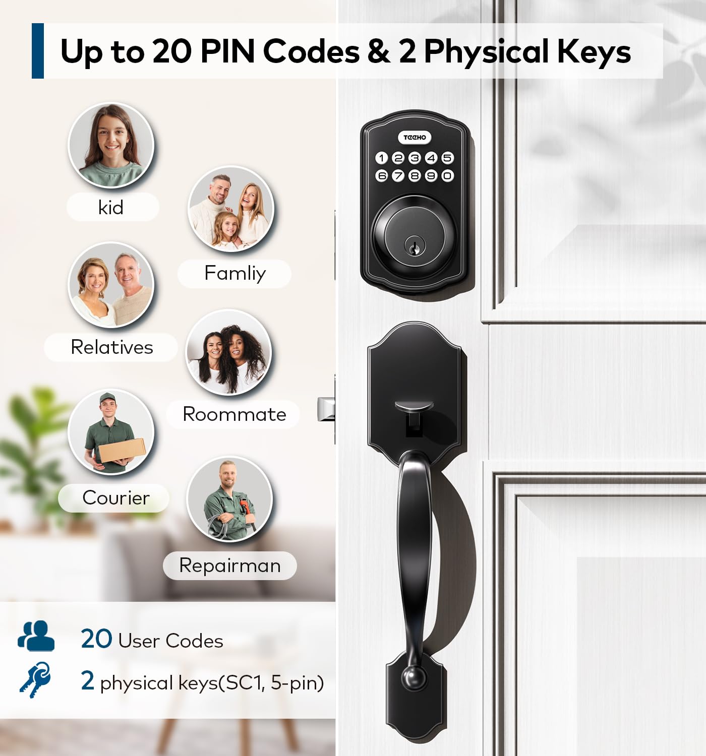 TEEHO Keyless Entry Door Lock Deadbolt with Handle Set, Electronic Digital Smart Locks Set for Front Door with 2 Keys, Easy to Install Keypad Deadbolt, Auto Lock - Matte Black