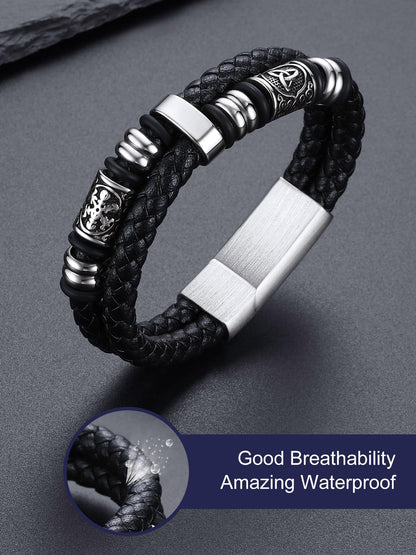 Bandmax Men's Norse Bracelet 8 inch Viking Celtic Knot Beads Bracelets Black Leather Braided Rope Wristband for Men Son Husband Grandson Gift For Father's Day Birthday Christmas Graduation
