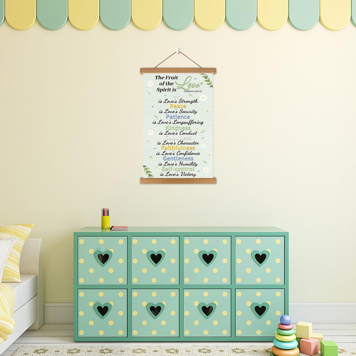 KAlRNE Fruit of The Holy Spirit Poster,Christian Wall Art,Fruit Bible Verse Canvas Hanging Kit,Inspirational Wall Decor,Motivational Poster With Wood Magnetic Hanger for Bedroom Classroom Decoration