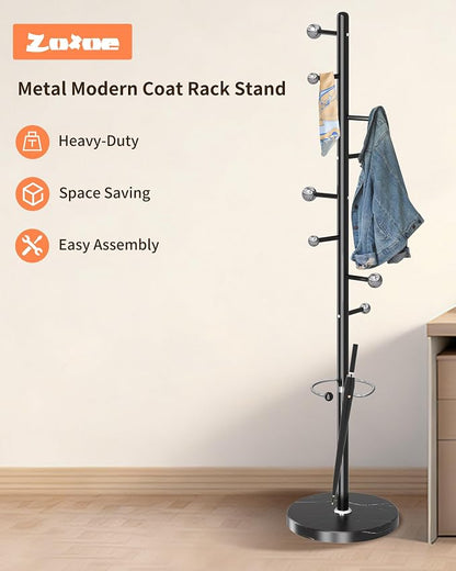 ZOZOE Metal Coat Rack Stand, Modern Coat Rack Freestanding with Natural Marble Base, Sturdy Industrial Coat Racks with 8 Hooks & Umbrella Holder,Black Coat Tree Hanger Stand for Entryway,Office