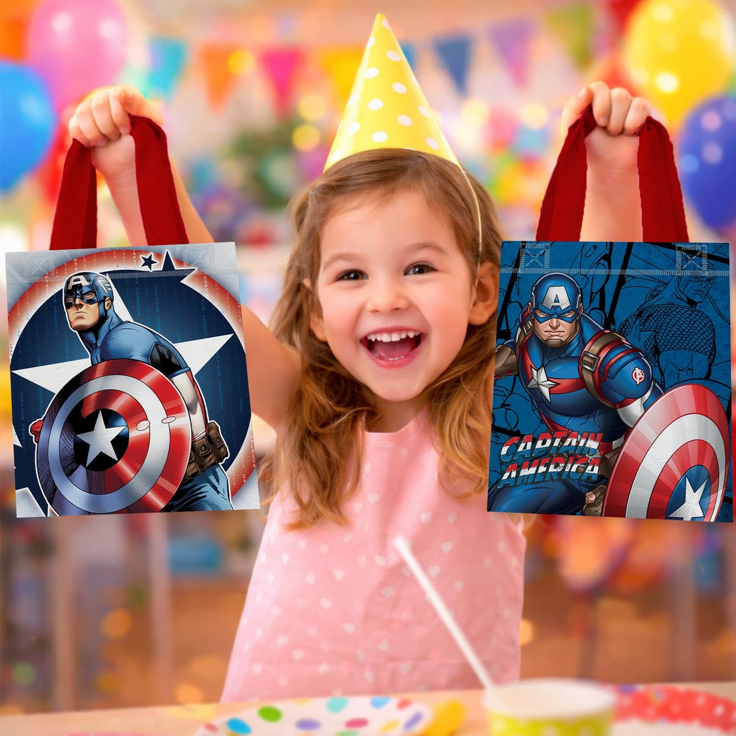 Captain America Party Favor Bags Set – 24 Pack 8" Marvel Goodie Bags for Kids Bulk Reusable Mini Totes | Avengers Captain America Birthday Party Supplies