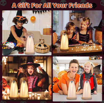 Strackvial Halloween Ghost LED Decor Light – Cute Spooky Tabletop Lamp with Wood Base & Clear Glass Cloche, Indoor Fairy Light Decoration for Mantel, Shelf & Party Centerpiece (Classic Ghost Light)