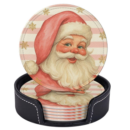 Pink Christmas Santa Claus Striped Coasters for Drinks, Drink Coaster with Holder Set of 6 Round Leather Cup Table Mats for Tabletop Protection Coffee Bar Decor