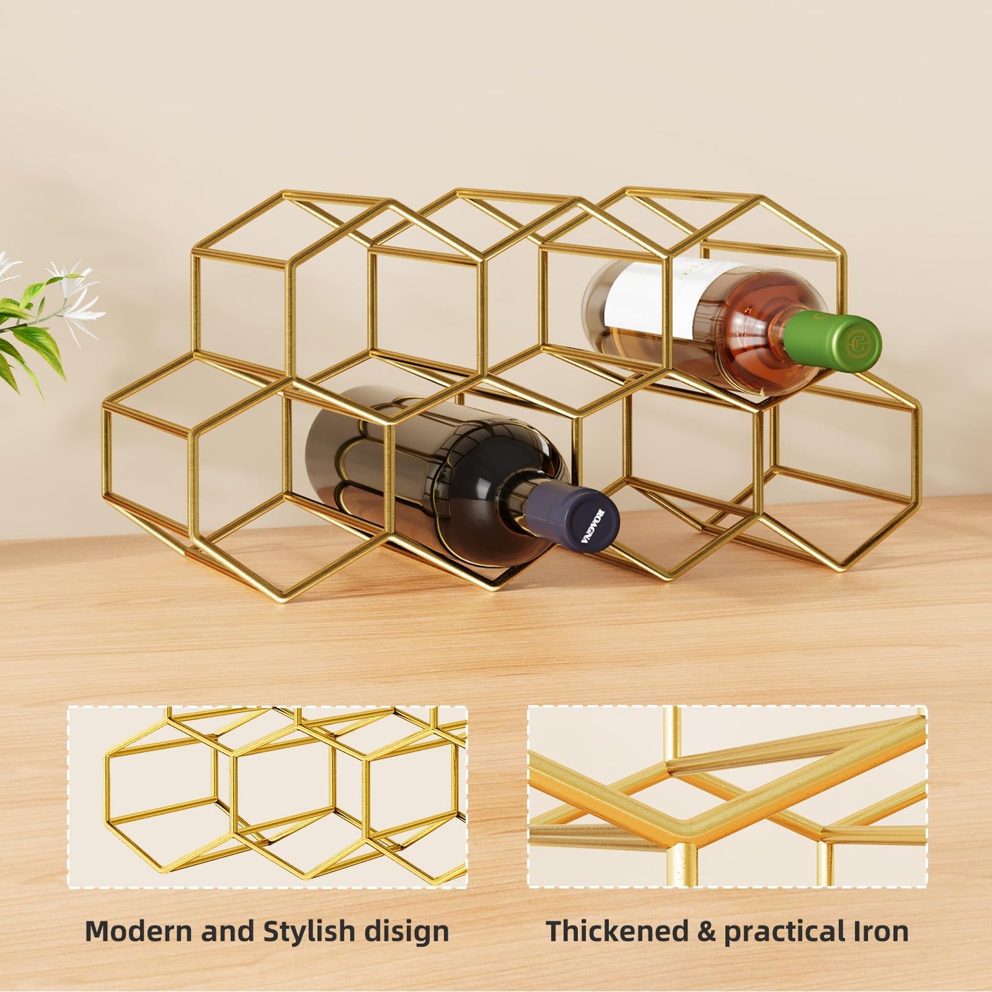 Urban Deco Small Gold Wine Rack 9 Bottle Holder Countertop - No Need Assembly Modern Metal Wire Wine Storage for Counter Top Table Top Coffee Bar Kitchen