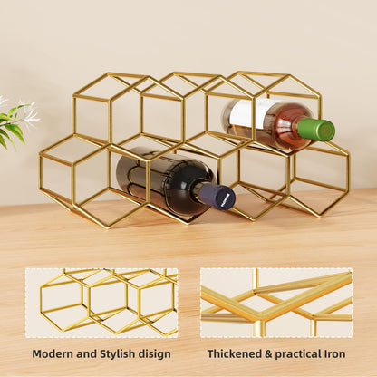 Urban Deco Small Gold Wine Rack 9 Bottle Holder Countertop - No Need Assembly Modern Metal Wire Wine Storage for Counter Top Table Top Coffee Bar Kitchen
