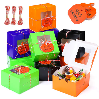 Resholder 48 Pcs Halloween Cookie Boxes with Window 4 x 4 x 2.8 Inch Tricks or Treat Boxes Candy Gift Bakery Dessert with Pumpkin Gift Cards, 3 Bundle Ropes for Halloween Party