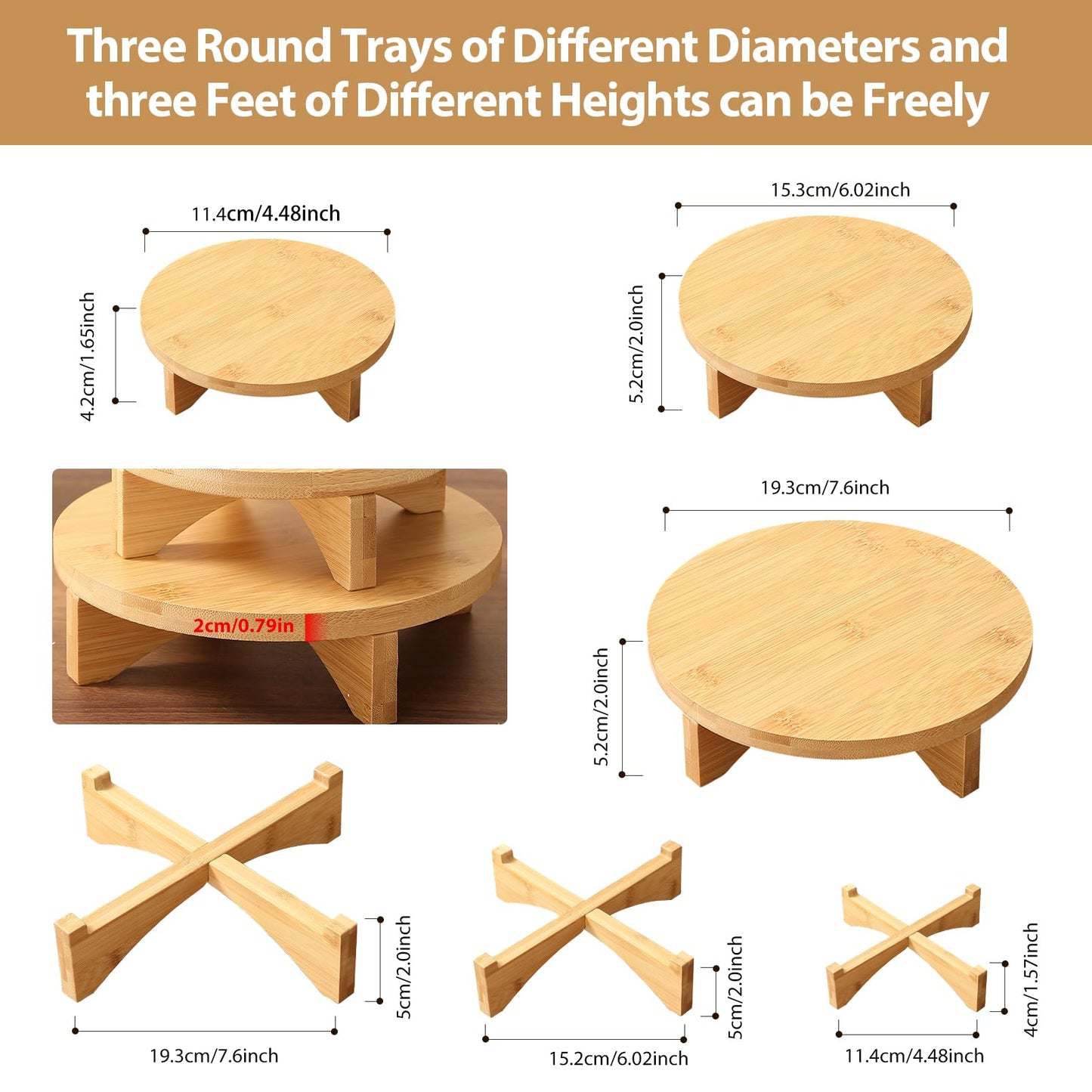 3-Piece Round Wooden Plant Stand Set - Indoor/Outdoor Modern Flower Pot Holder, Decorative Wood Riser for Plants, Small Planter Tray, Mini Wooden Stool Display Stand (Pot & Plant Not Included)