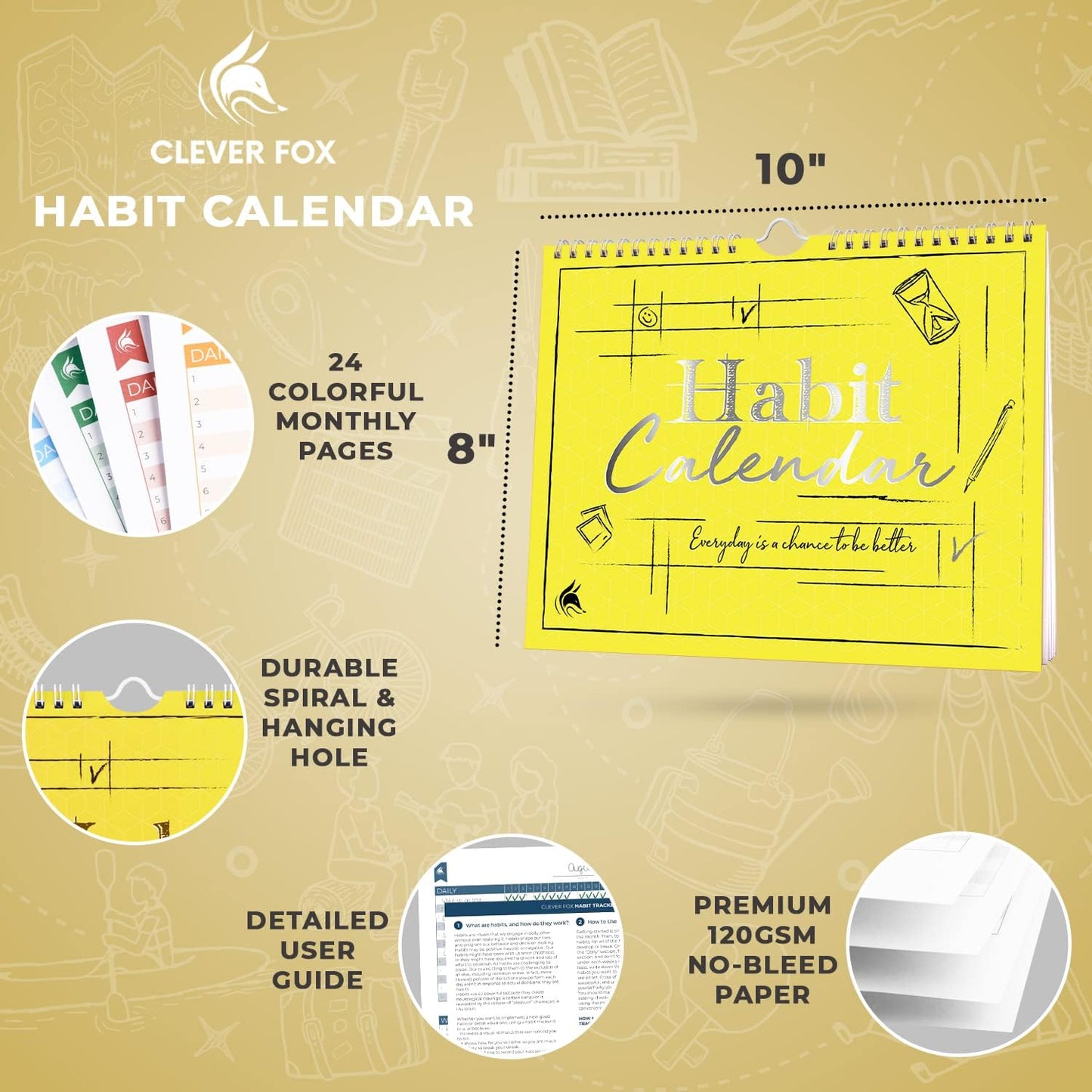 Clever Fox Habit Tracker Calendar – Inspirational Goal Tracker and Habit Calendar for Atomic Habits – Colorful Habit & Goal Planner Journal to Boost Productivity – 24 Months, 10″ x 8″ (Yellow)