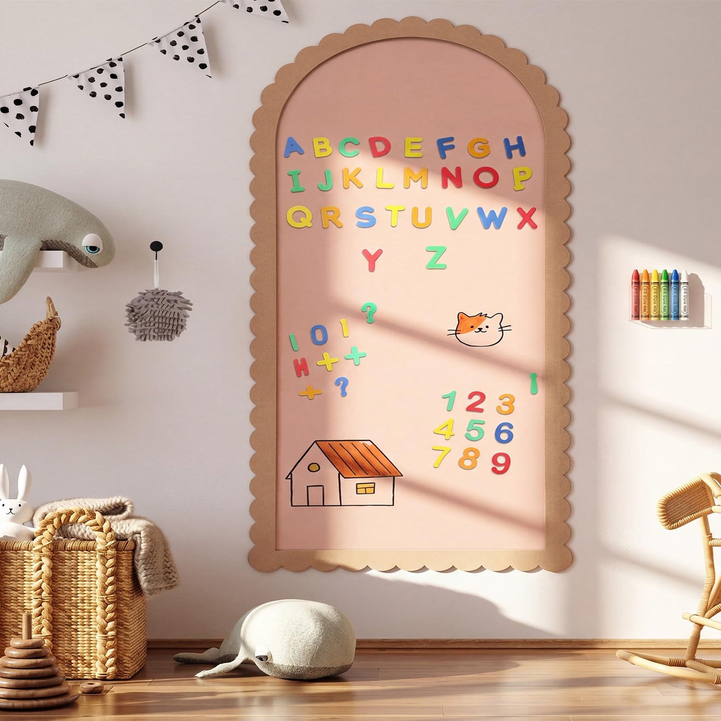 Feifeiya Camel Blush Large Magnetic Arch Wall Decal with Scallop Wooden Frame 39.3"x17.5" Arch Magnetic Chalkboard Self Adhesive Wall Board Sticker with 36 Magnet Letters Chalk Board Wallpaper Roll