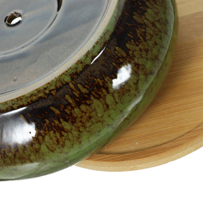 GANAZONO Succulent Succulent Planters with Drainage Ceramic Bonsai Pots with Bamboo Trays Round Shallow Pots for Indoor Cactus Flower Plants Green