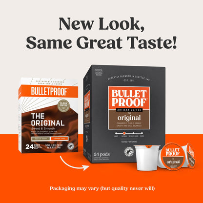 Bulletproof Original Medium-Roast Single-Serve Coffee Pods, 24 Count, 100% Arabica Beans, Clean Coffee Tested for Toxins, Packaging May Vary