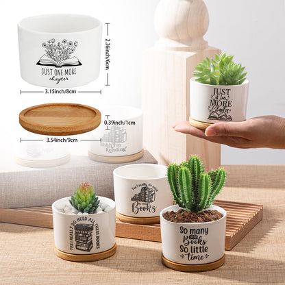 Havawish 12 Pcs Book Lover Gifts Succulent Pots Ceramic Bookworm Planter Pot with Bamboo Tray Bookish Succulent Planter Thank You Gift for Women Teachers Employee, Bookshelf Decor