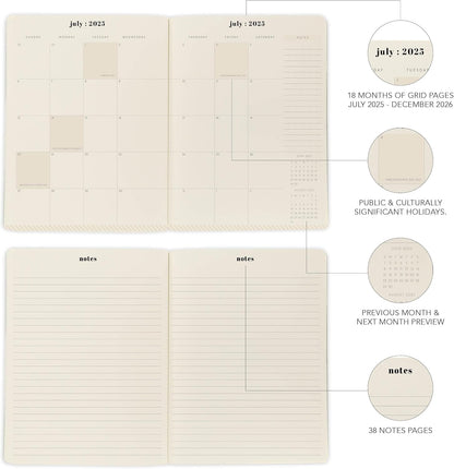 18 Month Planner/Calendar by Graphique, July 2025 – Dec. 2026 Peanuts Happy Days Ahead Monthly Planner, Holidays, Notes Pages, 8” x 10”