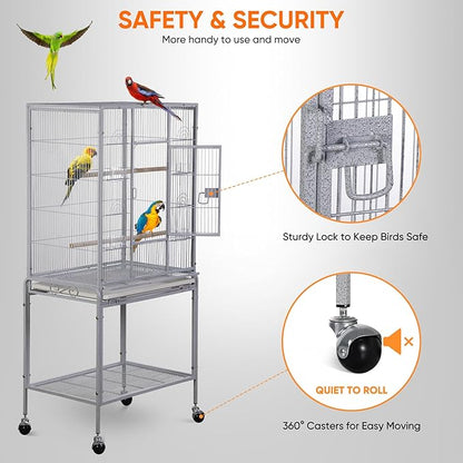 53 Inch Height Wrought Iron Standing Parrot Large Flight Bird Cage with Rolling Stand Birdcages for Parakeet Cockatiel Conure Lovebird Finch, White