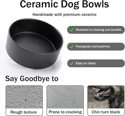 MateeyLife Ceramic Dog and Cat Bowls with Stand, 2-Pack Food and Water Bowl Set - Non-Slip Pet Bowls for Small & Medium Size Dogs，28.7OZ(Black)