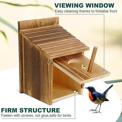 Tradder 3 Pcs Wood Bird Houses for Outside with Pole Hanging Bluebird Wooden Birdhouse for Outdoor Small Bird Nest Box for Finch, Bluebird, Hummingbird, Parakeet Garden Perch