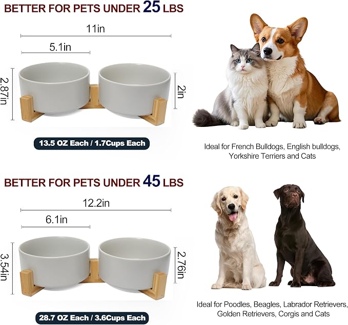 Dog Food Bowl, 28.7 oz Ceramic Food and Water Bowls for Dogs, Pet Dishes Set with Wood Stand, for Small Size Dog and Cat, No Spill Feeding Station with Weighted Base, Grey