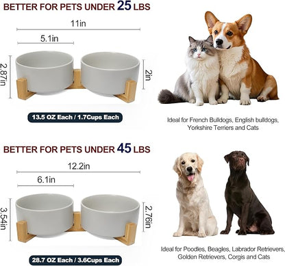 Dog Food Bowl, 28.7 oz Ceramic Food and Water Bowls for Dogs, Pet Dishes Set with Wood Stand, for Small Size Dog and Cat, No Spill Feeding Station with Weighted Base, Grey