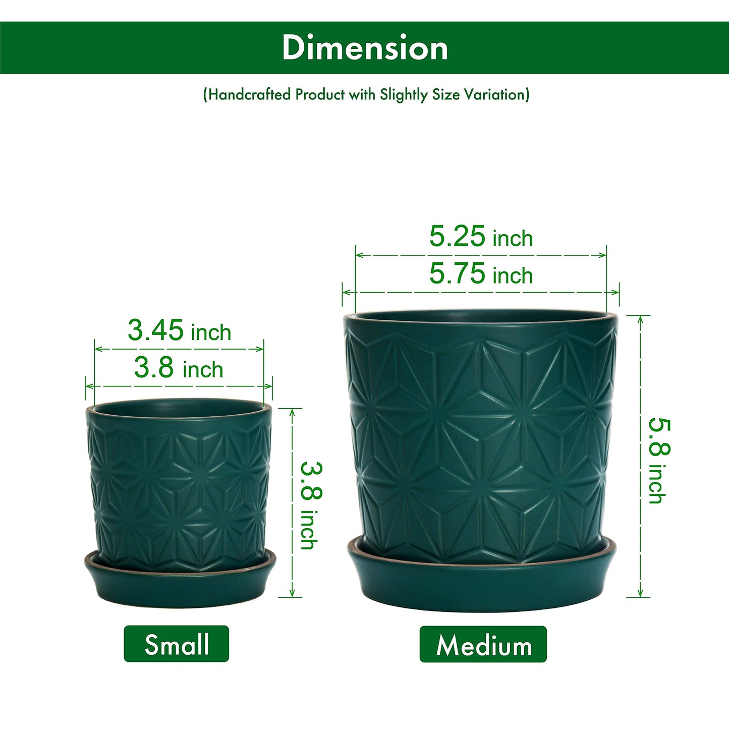 D'vine Dev Ceramic Flower Plants Pots Planter, 3.8 Inch 5.8 Inch Stoneware Planter Pot with Drainage Hole and Saucer, Set of 2, Dark Blue Green, 99-E-4