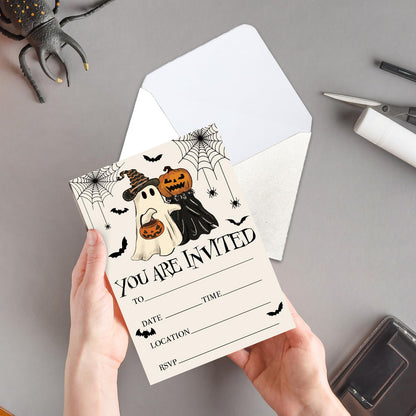 JarThenaAMCS 25 Sets Halloween Party Invitations with Envelopes Stickers Beige Black Pumpkin Ghost Bat Invites for Halloween Celebration, 5 x 7 Inch