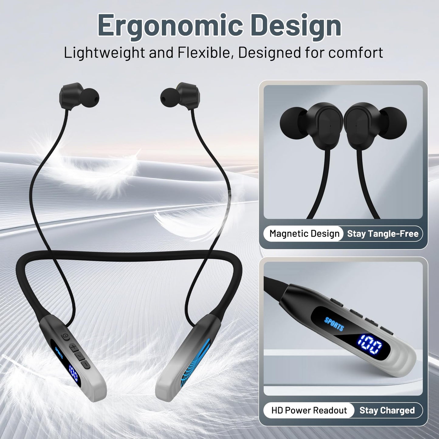 Podity Neckband Bluetooth Headphones, 1000H Extra Battery Life with Display Magnetic Earphones,Wireless Stereo Earbuds with Microphone, Waterproof in-Ear Headset for Sports/Workout/Office (Silver)