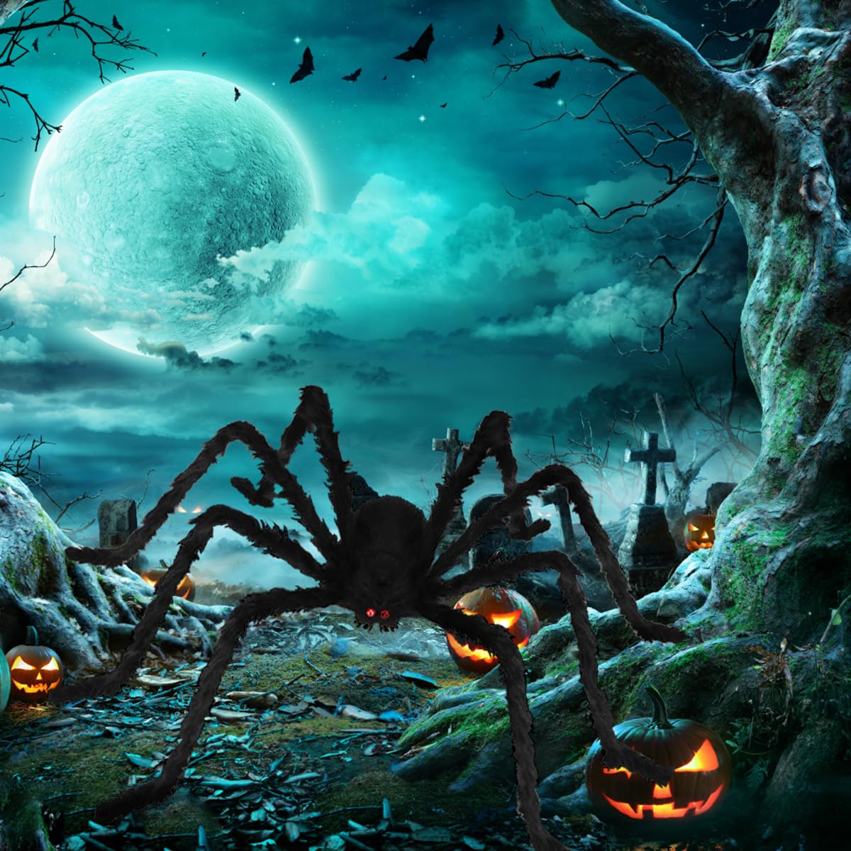 Epesl Halloween Giant Spider Outdoor Decorations, 7.5Ft Huge Hairy Black Spider, Scary Fake Spider Props for Halloween Indoor, Outdoor and Yard Patio Window Creepy Decor Supplies