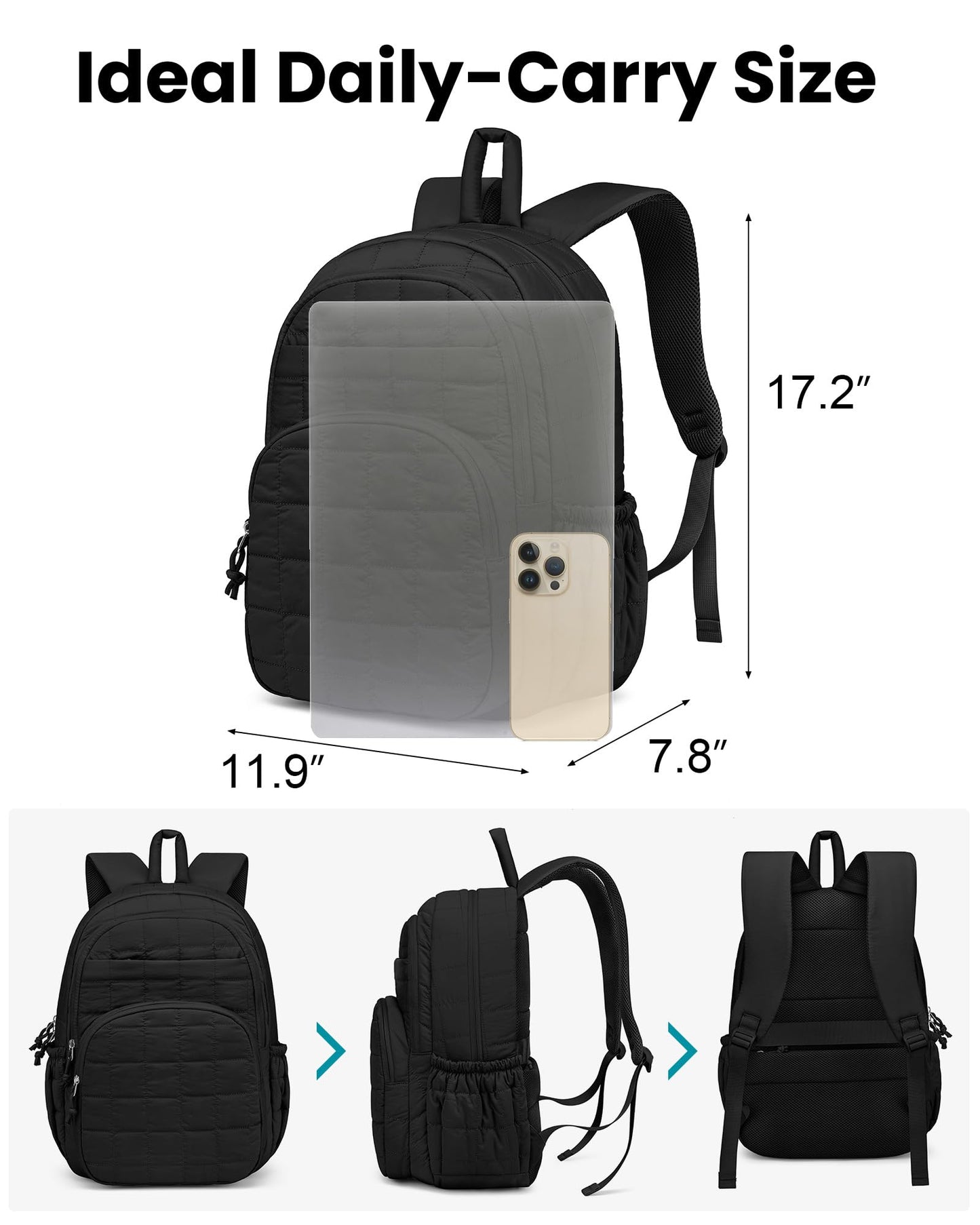LIVUWERK Laptop Backpack for Women College Bookbag: 15.6 Inch School Backpacks for Teen Girls Quilted Back Pack for Students Womens Casual Work Computer Bag Water Resistant Travel Backpack (Black)