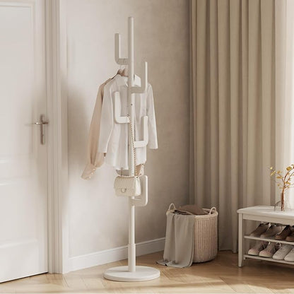 Muwuele Solid Wood Cactus Coat Rack, Freestanding Coat Rack With 6 L-Shaped Hooks and 3 Adjustable Sizes, Coat Tree for Bedroom, Entryway, Livingroom, Coat Hanger Stand for Coats, Handbags (White)