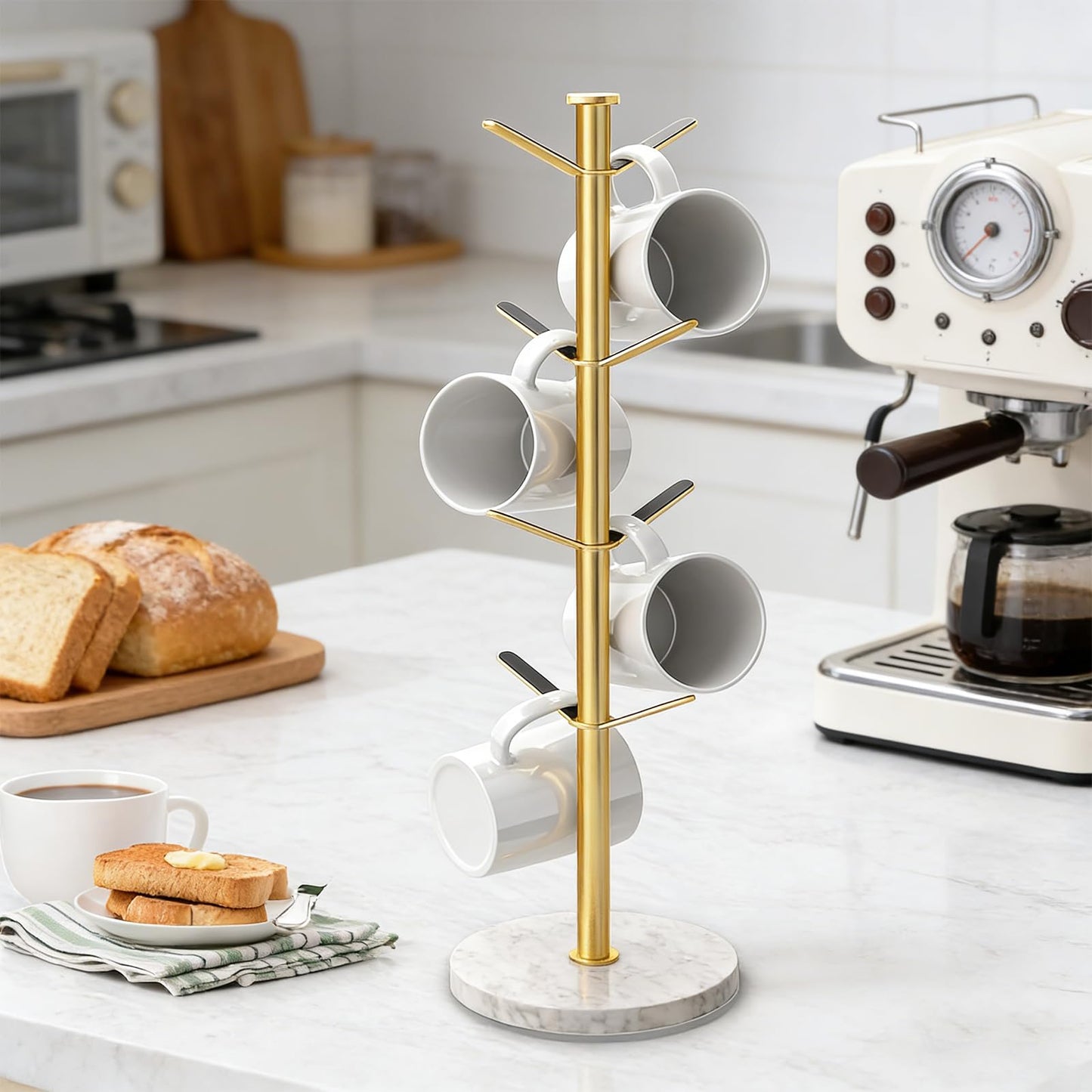 Gypie Gold Mug Holder Tree with Marble Base, 8 Hooks Coffee Cups Holder Stand, New Upgrad Stable Removable Mug Rack for Kitchen Cafe