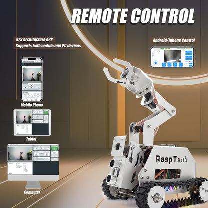 Adeept RaspTank Metal Smart Car Kit for Raspberry Pi 5/4B/3B/3B+(Board Not Included), Tank Tracked Robot with 4-DOF Robotic Arm, OpenCV, Obstacle Avoidance, Line Tracking, with Digital Tutorials