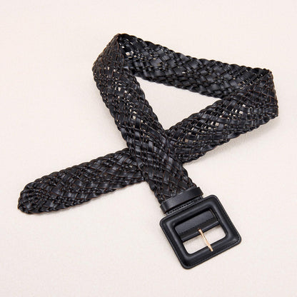 XZQTIVE Women Wide Belt for Dresses Fashion Thick Braided Leather Belts with Square Buckle, Woven Waistband for Ladies, Black(Fit Waist Size Below 31'')