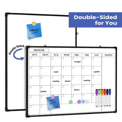 Lumspax Monthly Whiteboard Calendar for Wall, 24" x 18" Dry Erase Board with Plastic Frame, Hanging Dry Erase Calendar with 3 Mini Sticky Notes for Kitchen Planner, Memo, Home and Office, Black