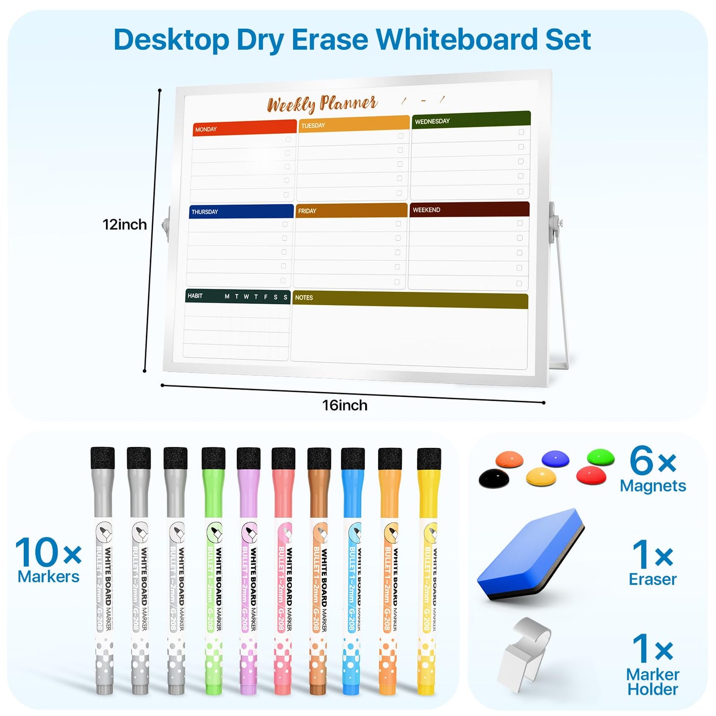 Marsrock Dry Erase White Board with Stand,Double-Sided Weekly Whiteboard 16"x12", 10 Markers, 6 Magnets, 1 Eraser, Portable Desktop Whiteboard for Planning,Weekly Schedule Board for School for Home