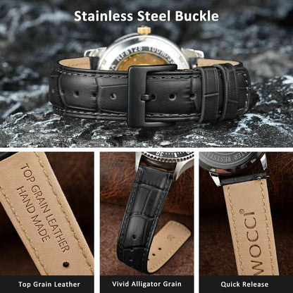 WOCCI 22mm Watch Band, Top Grain Leather, Embossed Alligator Grain, Quick Release, Black Buckle (Dark Grey)