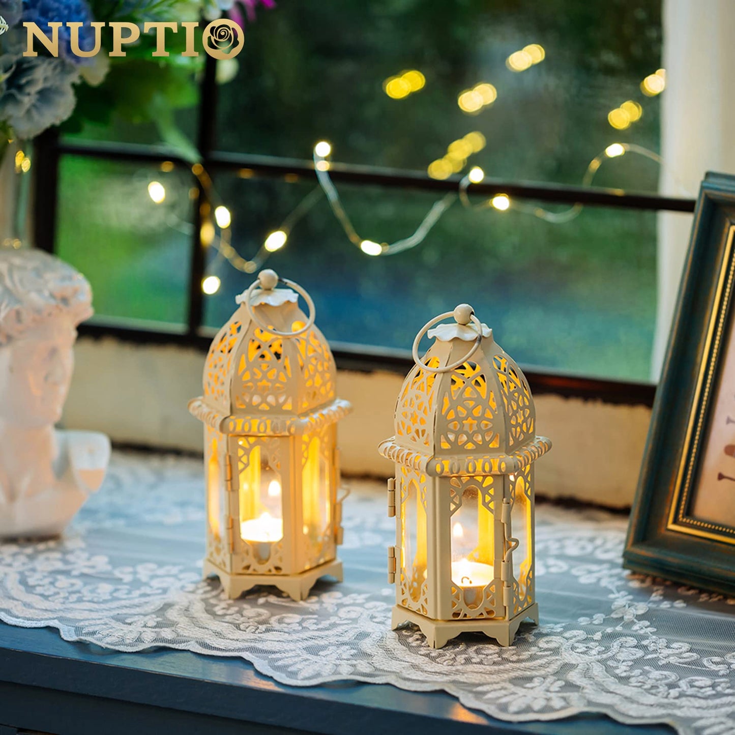 NUPTIO 2 Pcs Moroccan Style Candle Lantern - Small Sized Tealight Candle Holder with Transparent Glass Panels Great for Patio, Indoors/Outdoors, Events, Parties and Weddings, White