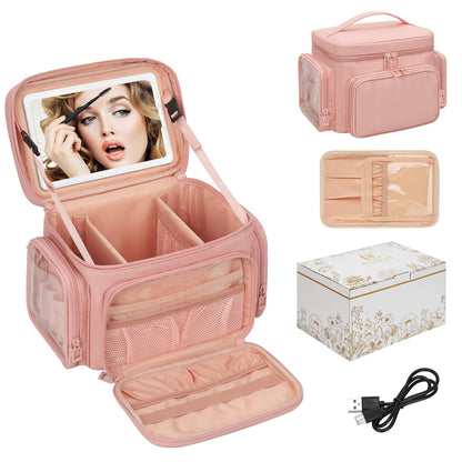 Large Makeup Bag with LED Mirror, Travel Makeup Bag Organizer for Women Girls with Makeup Brush Compartment & Two Side Pockets, 3 Color Lights Cosmetic Toiletry Bag- Leather Pink