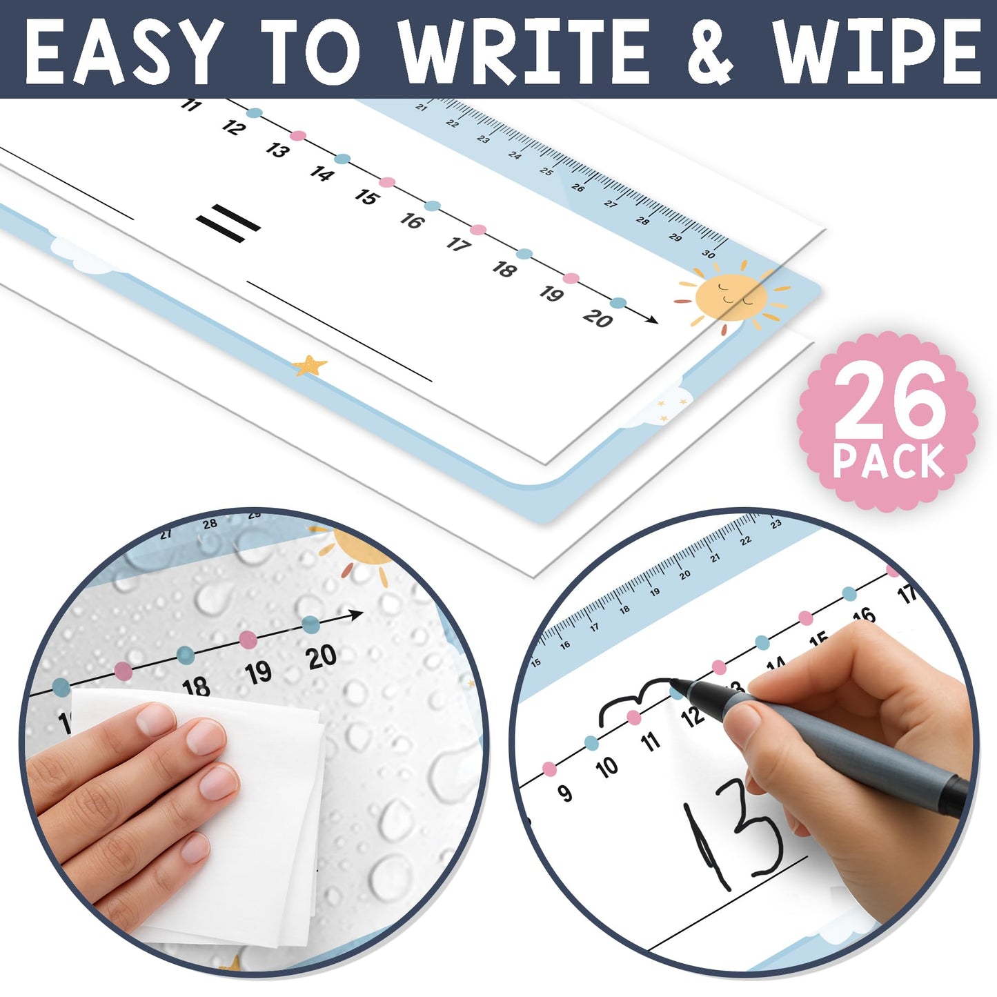 26 Pack Boho Number Line Dry Erase Boards Cards, 14"x4", Double-Sided, 0-10 on One Side & 0-20 on Other Side, Math Manipulatives for Student, Education Classroom Must Haves