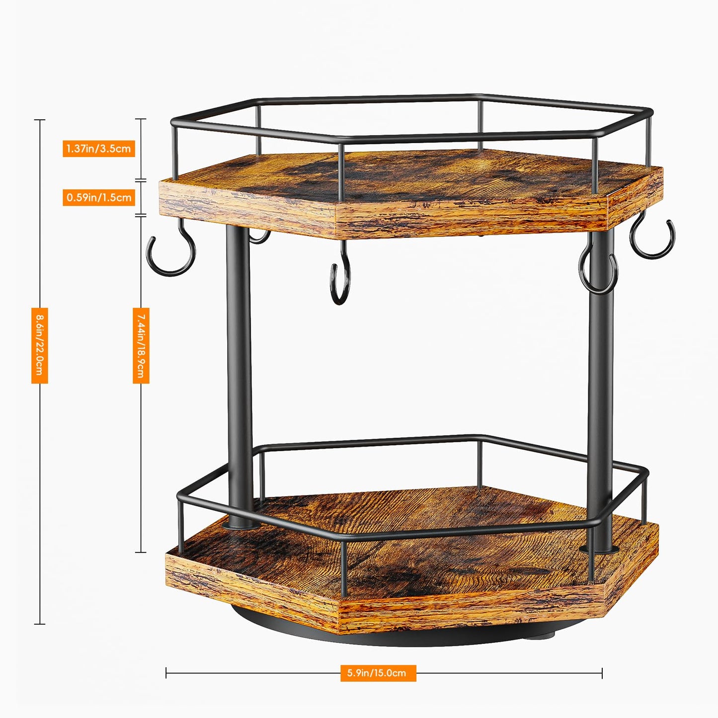 KLM 2 Tier Coffee Bar Organizer Countertop Station Shelf for Home Office, Multi-Functional Coffee Mug Cup Holder Stand, Accessory Storage Rack with 6 Hooks, 360° Rotated Coffee Cup Holder for Counter